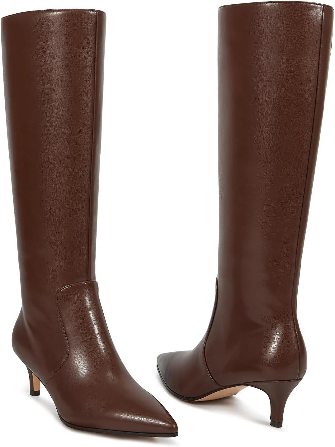 imagewetkiss Low Kitten Heel Women Knee High Boots Regular Calf Friendly Pointed Toe Faux Leather Comfortable Boots with ZipperBrown
