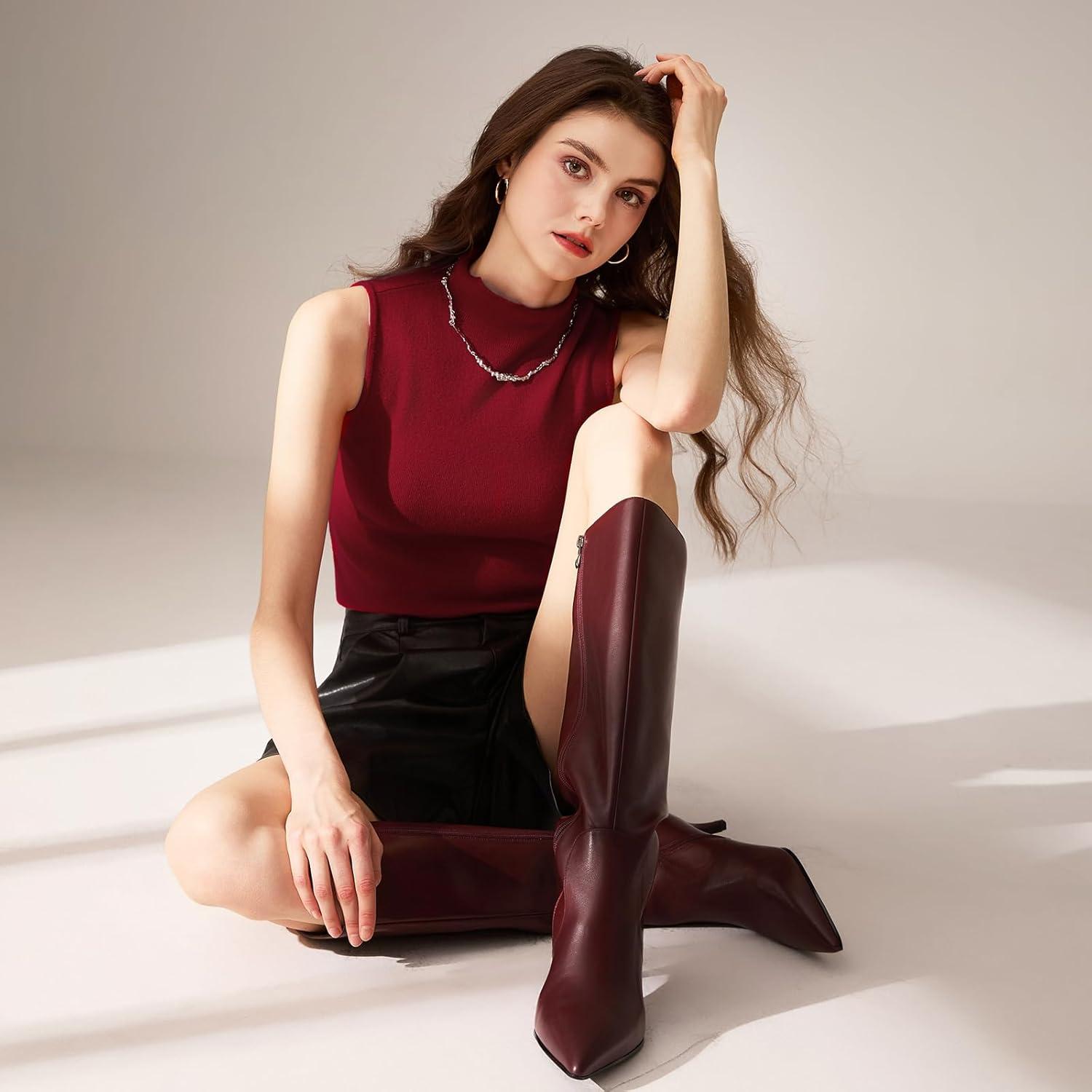 imagewetkiss Low Kitten Heel Women Knee High Boots Regular Calf Friendly Pointed Toe Faux Leather Comfortable Boots with ZipperBurgundy