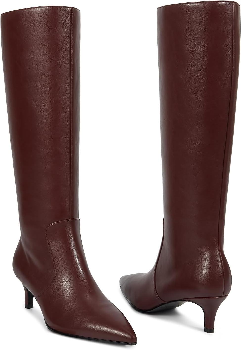 imagewetkiss Low Kitten Heel Women Knee High Boots Regular Calf Friendly Pointed Toe Faux Leather Comfortable Boots with ZipperBurgundy