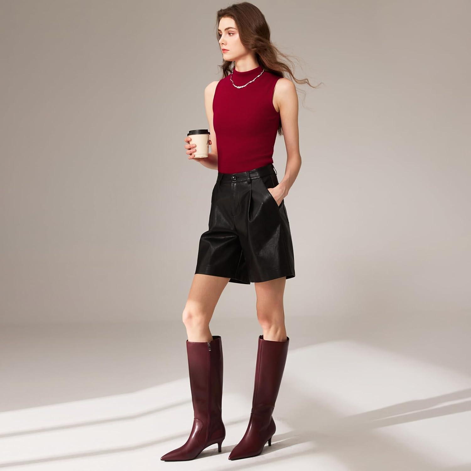 imagewetkiss Low Kitten Heel Women Knee High Boots Regular Calf Friendly Pointed Toe Faux Leather Comfortable Boots with ZipperBurgundy