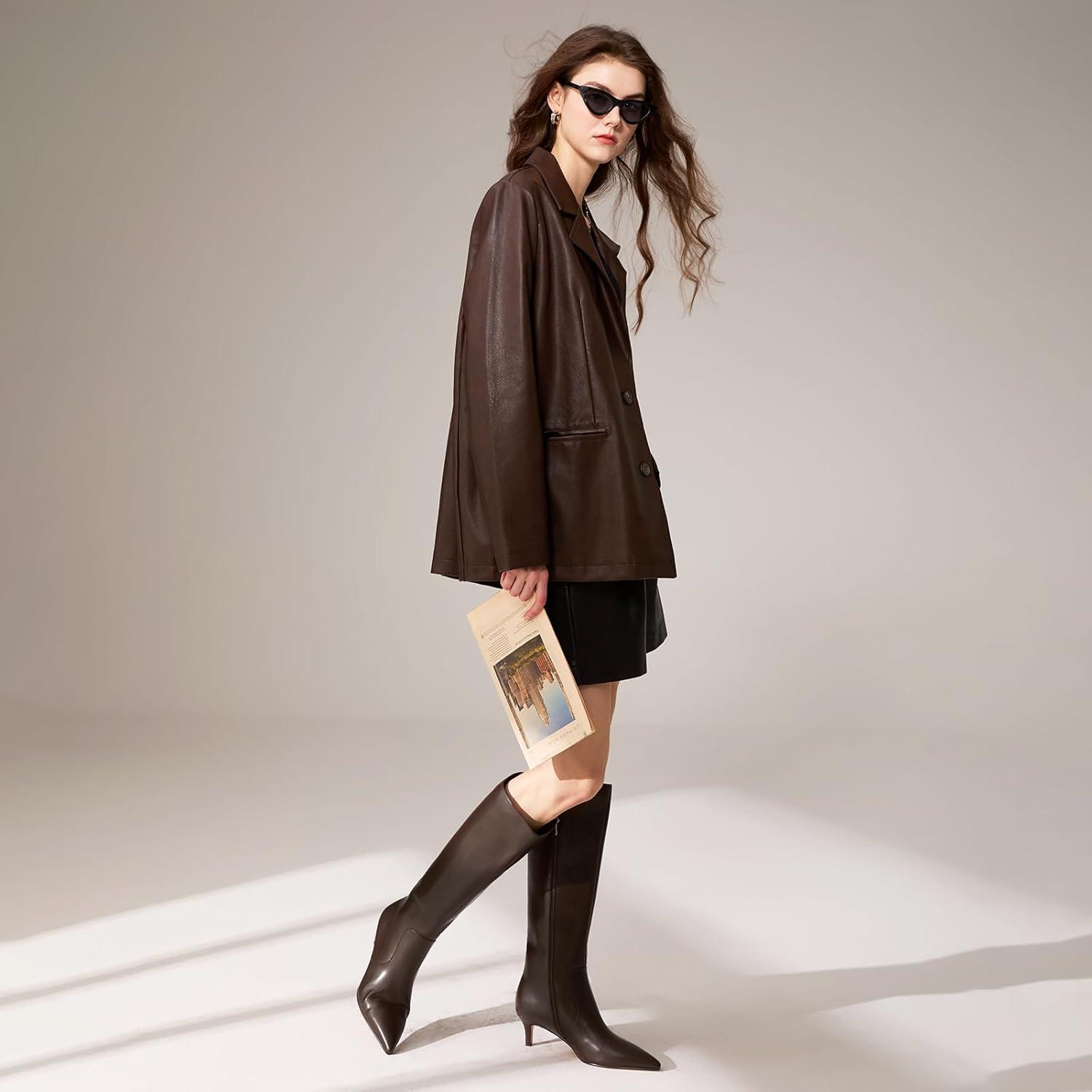imagewetkiss Low Kitten Heel Women Knee High Boots Regular Calf Friendly Pointed Toe Faux Leather Comfortable Boots with ZipperChocolate Brown
