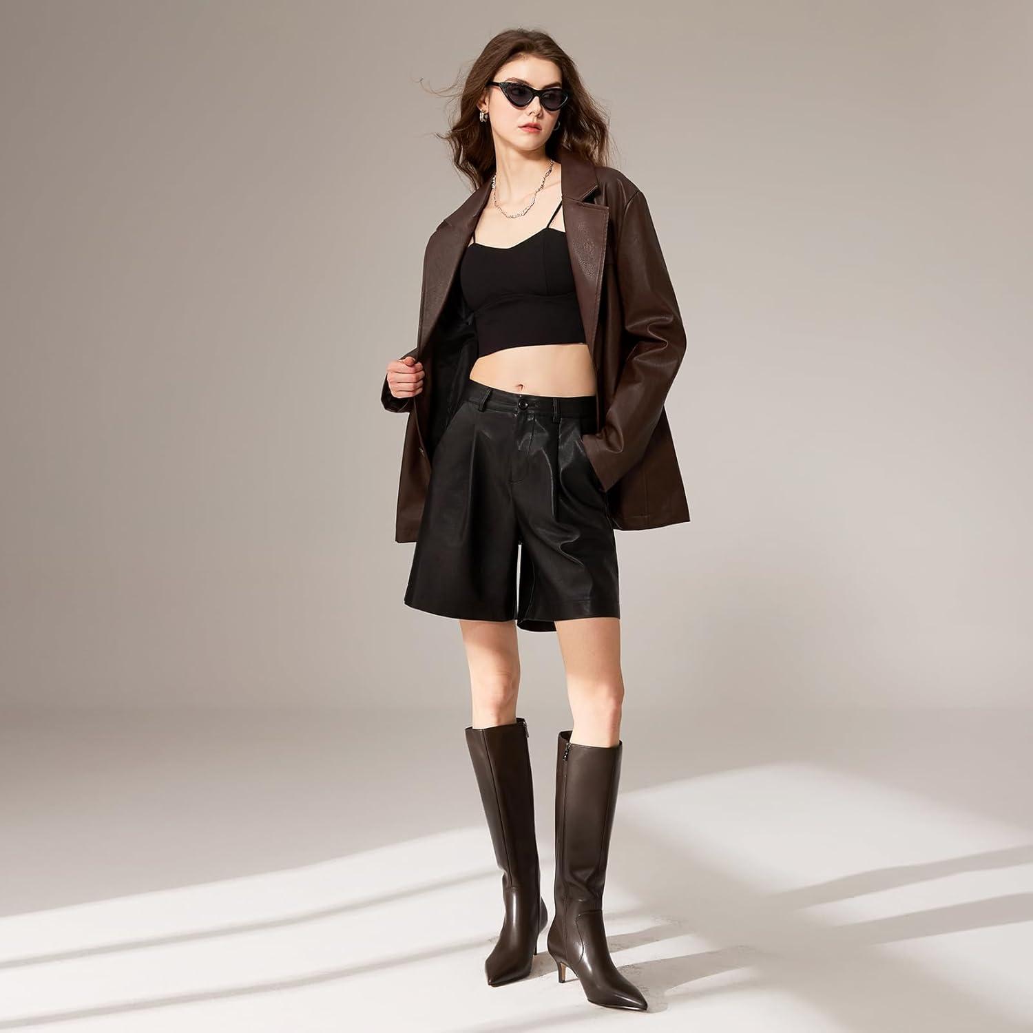 imagewetkiss Low Kitten Heel Women Knee High Boots Regular Calf Friendly Pointed Toe Faux Leather Comfortable Boots with ZipperChocolate Brown