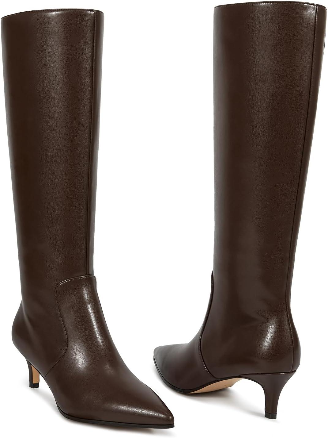 imagewetkiss Low Kitten Heel Women Knee High Boots Regular Calf Friendly Pointed Toe Faux Leather Comfortable Boots with ZipperChocolate Brown