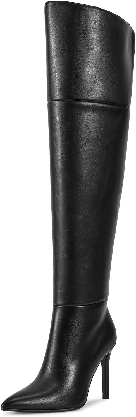 imagewetkiss Womens Thigh High Boots Stiletto High Heel Over the Knee Fashion Dress Long Boots with Sexy Ponited Toe Zipper up Tall Boots for Date Party ClubMatte Black