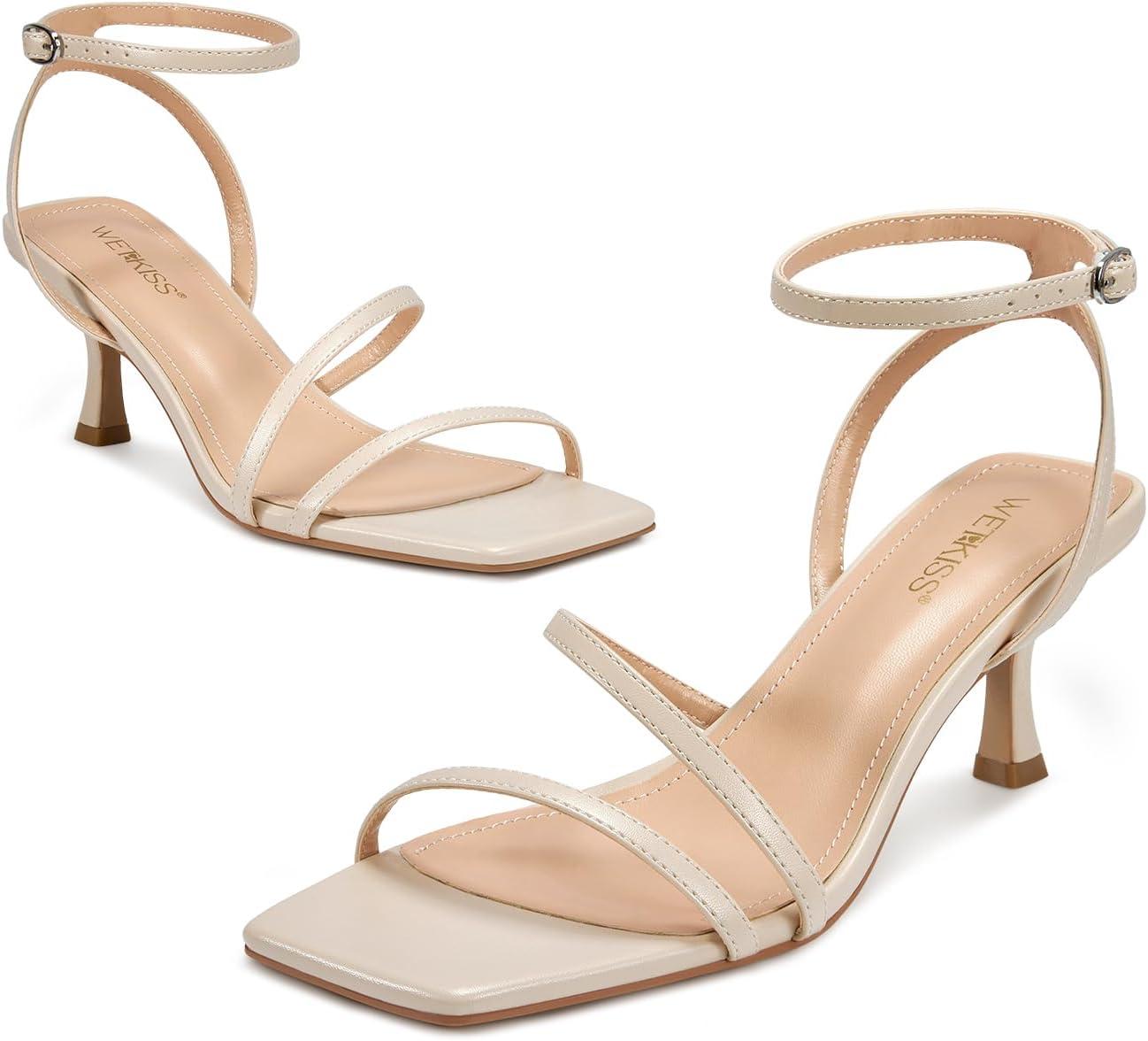 imagewetkiss Kitten Heels for Women White Modern Dressy Slingback Sandals with Ankle Strap Open Toe Plastic Sole ampamp Insole Faux Leather Outer Perfect for Walking Parties Weddings ampamp BeachBeige