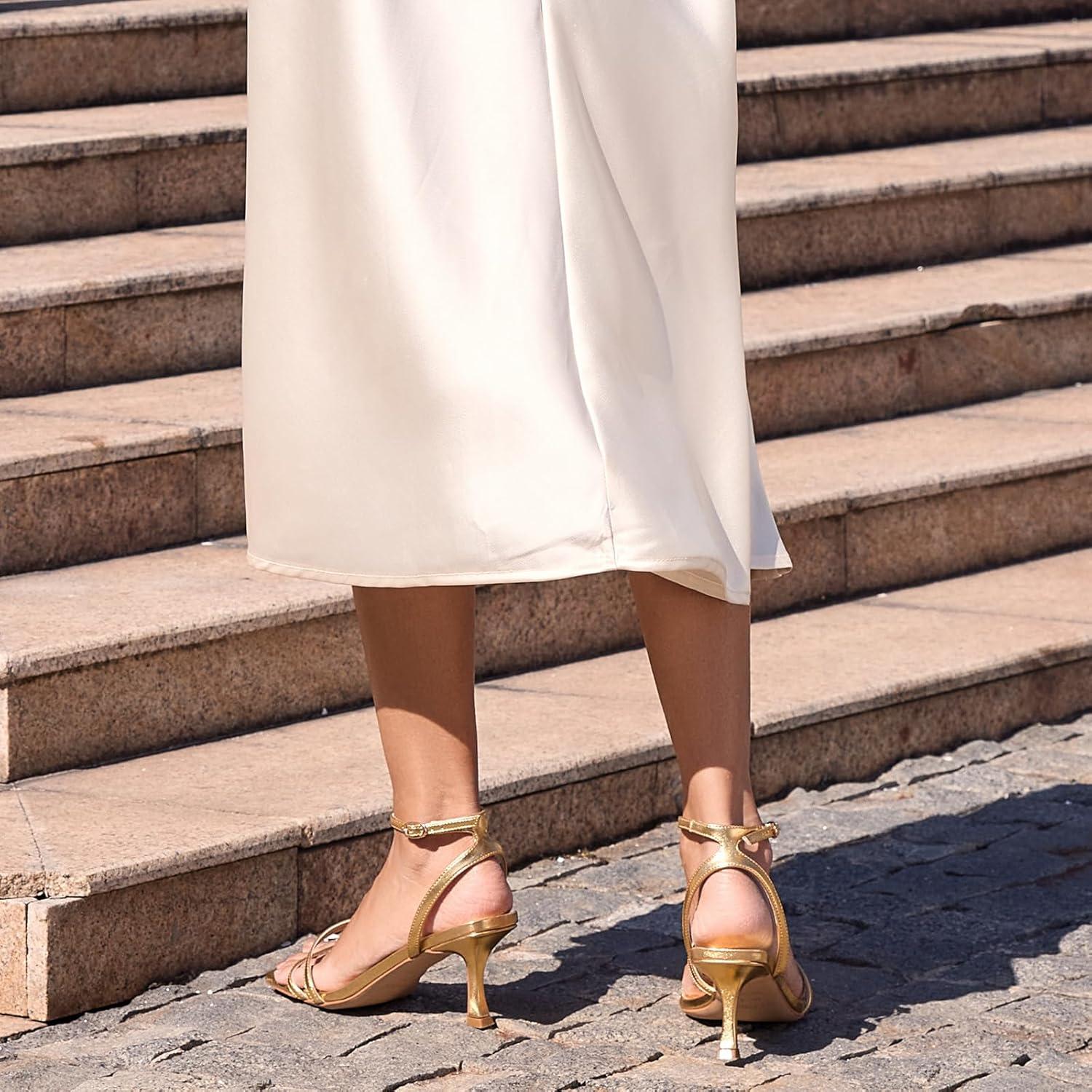 imagewetkiss Kitten Heels for Women White Modern Dressy Slingback Sandals with Ankle Strap Open Toe Plastic Sole ampamp Insole Faux Leather Outer Perfect for Walking Parties Weddings ampamp BeachGold