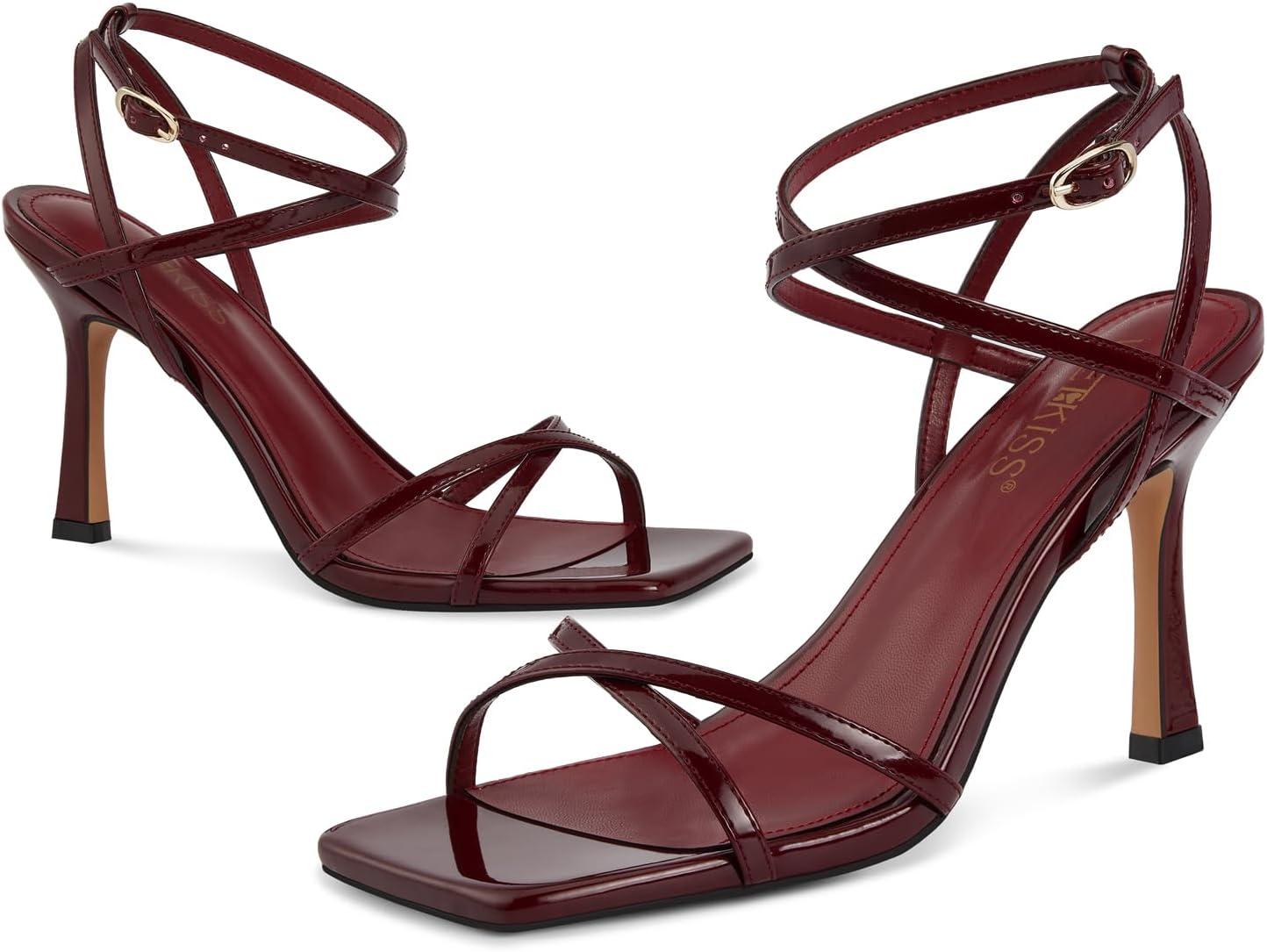imagewetkiss Strappy Heels for Women Stiletto High Heeled Sandals Adjustable Ankle Strap Square Open Toe for Homecoming Party Dress Wedding DailyBurgundy