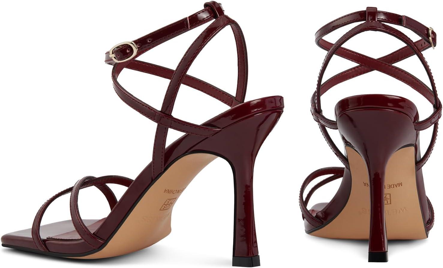 imagewetkiss Strappy Heels for Women Stiletto High Heeled Sandals Adjustable Ankle Strap Square Open Toe for Homecoming Party Dress Wedding DailyBurgundy