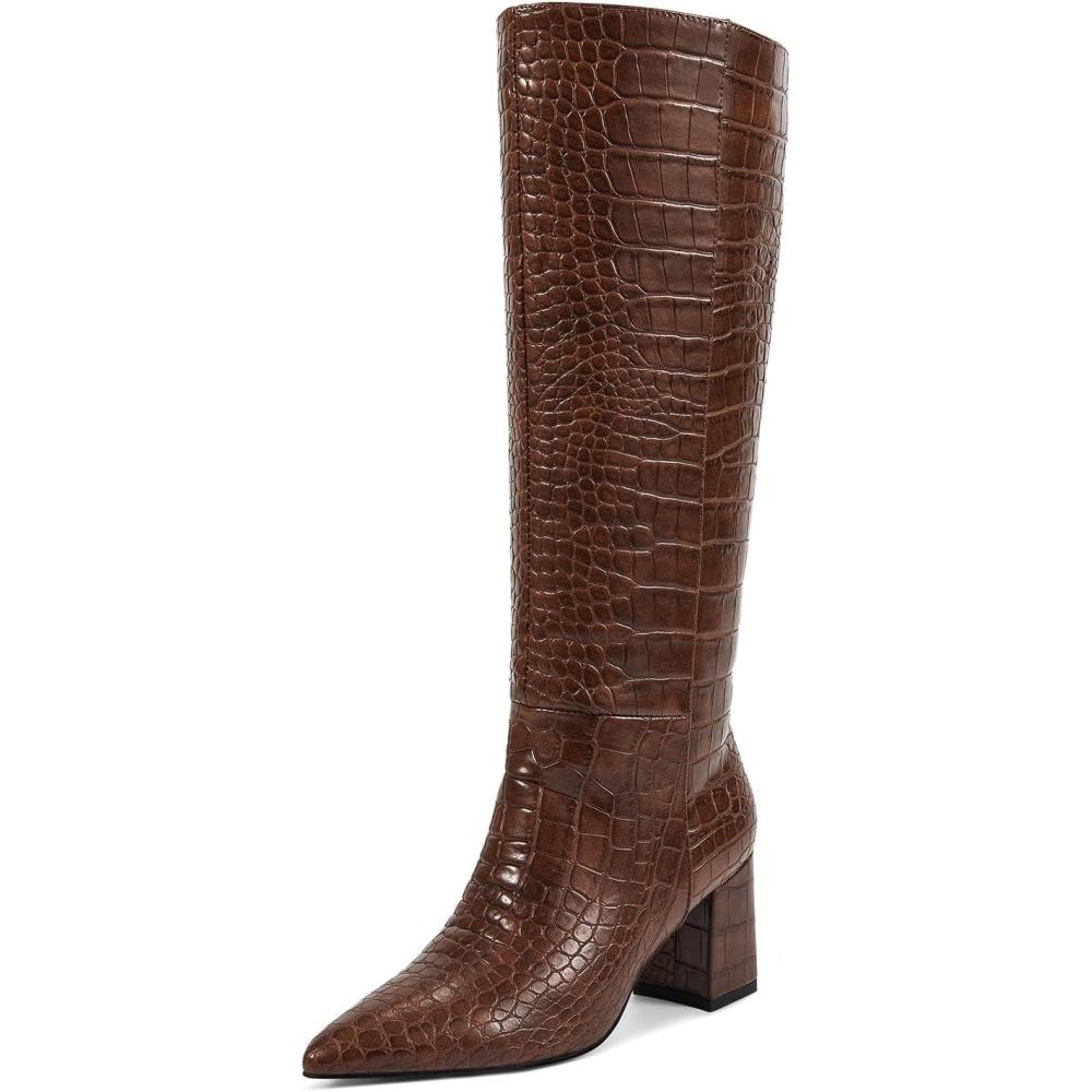imagewetkiss Knee High Boots Women Chunky Heel Faux Crocodile Boots Pointed Toe Tall PullOn Fall Long BootCrocodile Brown