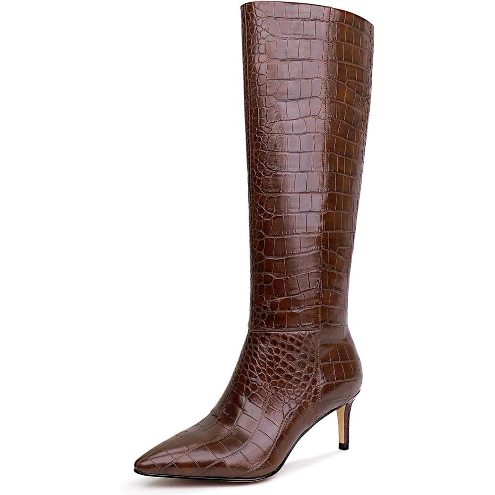 imagewetkiss Knee High Boots for Women with Kitten Heel and Pointed Toe Design Classic and SexyBcrocodile Brown