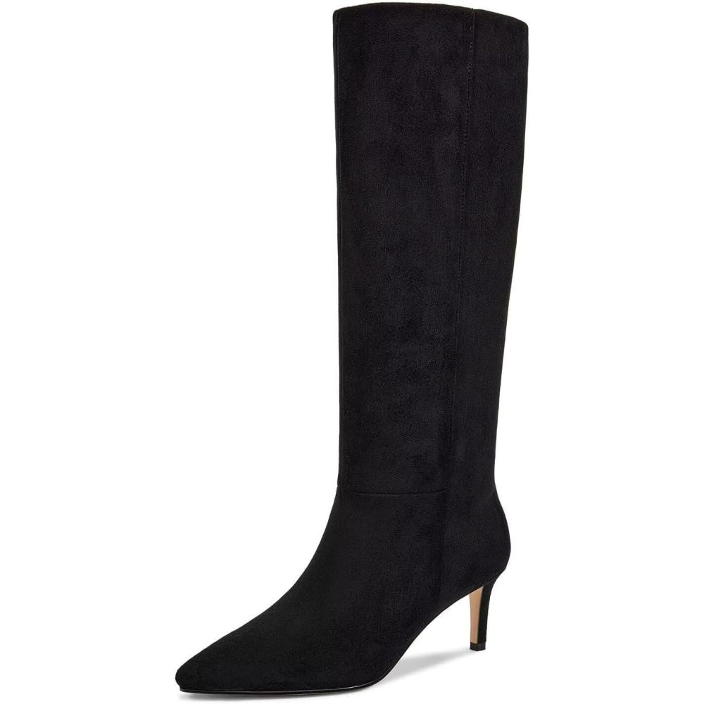 imagewetkiss Knee High Boots for Women with Kitten Heel and Pointed Toe Design Classic and SexyFsuede Black zipper