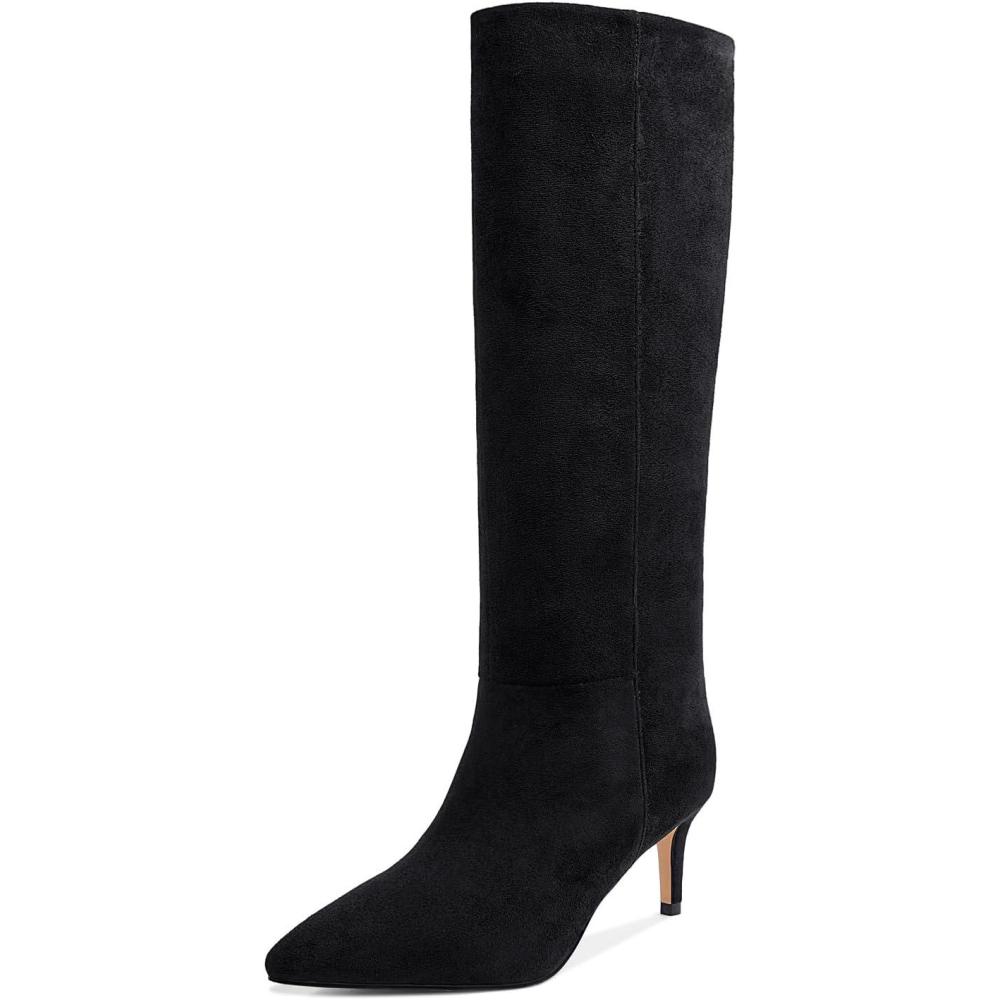 imagewetkiss Knee High Boots for Women with Kitten Heel and Pointed Toe Design Classic and SexyYsuede Blackno Zipper