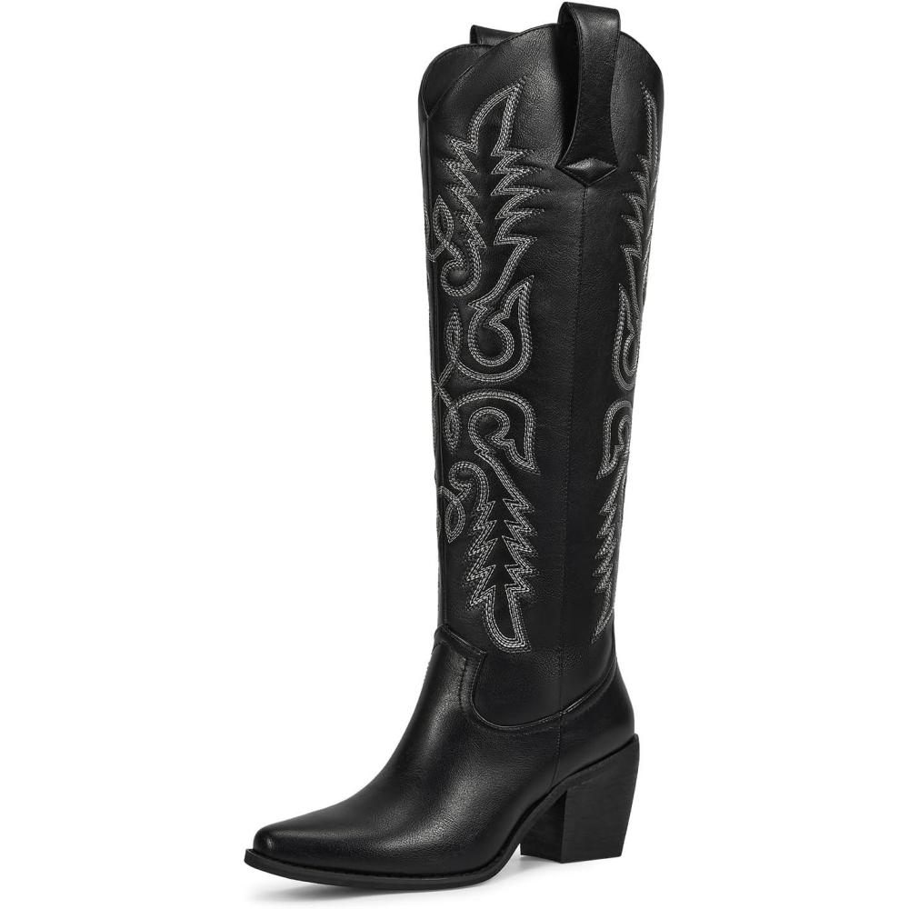 imagewetkiss Womens Tall Cowboy Boots Side Zipper Ladies Cowgirl Knee High BootsComfortable Retro Vintage Embroidery Pointed Toe Block Chunky HeelMatte Black