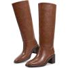 imagewetkiss Womens Knee High Boots Tall Riding Boots with Block Chunky Heel Almond Round Toe and Low Platform Pull on Winter Fall Fashion Long BootsMatte Brown
