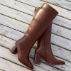 imagewetkiss Boots for Women Knee High Boots Womens Chunky Tall Boots Round Toe Long Boot Fall Knee High Boot Almond Toe Stacked Block Heeled PU LeatherBrown