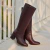 imagewetkiss Boots for Women Knee High Boots Womens Chunky Tall Boots Round Toe Long Boot Fall Knee High Boot Almond Toe Stacked Block Heeled PU LeatherBurgundy