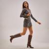 imagewetkiss Knee High Boots Women Chunky Heel Faux Crocodile Boots Pointed Toe Tall PullOn Fall Long BootCrocodile Brown