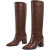 imagewetkiss Knee High Boots Women Chunky Heel Faux Crocodile Boots Pointed Toe Tall PullOn Fall Long BootCrocodile Brown