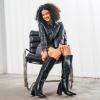 imagewetkiss Knee High Boots Women Chunky Heel Faux Crocodile Boots Pointed Toe Tall PullOn Fall Long BootMatte Black