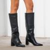 imagewetkiss Knee High Boots Women Chunky Heel Faux Crocodile Boots Pointed Toe Tall PullOn Fall Long BootMatte Black