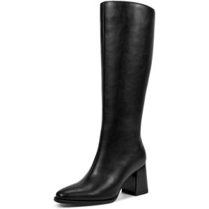 imagewetkiss Boots for Women Knee High Boots Womens Chunky Tall Boots Round Toe Long Boot Fall Knee High Boot Almond Toe Stacked Block Heeled PU LeatherBlack