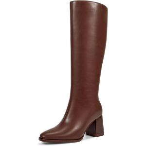 imagewetkiss Boots for Women Knee High Boots Womens Chunky Tall Boots Round Toe Long Boot Fall Knee High Boot Almond Toe Stacked Block Heeled PU LeatherBrown