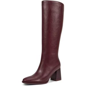 imagewetkiss Boots for Women Knee High Boots Womens Chunky Tall Boots Round Toe Long Boot Fall Knee High Boot Almond Toe Stacked Block Heeled PU LeatherBurgundy