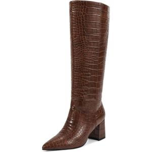imagewetkiss Knee High Boots Women Chunky Heel Faux Crocodile Boots Pointed Toe Tall PullOn Fall Long BootCrocodile Brown