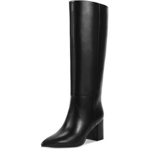 imagewetkiss Knee High Boots Women Chunky Heel Faux Crocodile Boots Pointed Toe Tall PullOn Fall Long BootMatte Black