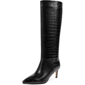 imagewetkiss Knee High Boots for Women with Kitten Heel and Pointed Toe Design Classic and SexyCcrocodile Black