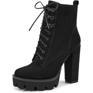 imagewetkiss Platform Boots for Women Heeled Combat Boots Chunky Heel Booties Round Toe Lace Up High Heel Ankle BootsSuede Black