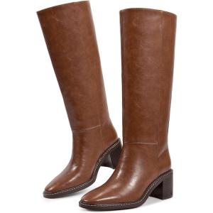 imagewetkiss Womens Knee High Boots Tall Riding Boots with Block Chunky Heel Almond Round Toe and Low Platform Pull on Winter Fall Fashion Long BootsMatte Brown