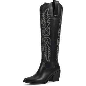 imagewetkiss Womens Tall Cowboy Boots Side Zipper Ladies Cowgirl Knee High BootsComfortable Retro Vintage Embroidery Pointed Toe Block Chunky HeelMatte Black