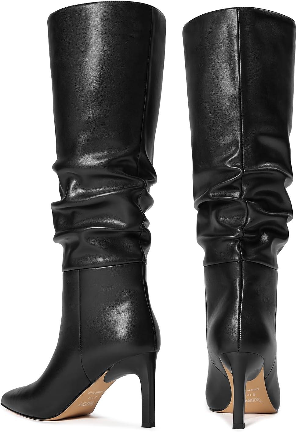 imagewetkiss Knee High Boots Women Chunky Heel Faux Crocodile Boots Pointed Toe Tall PullOn Fall Long BootBlackslouchy