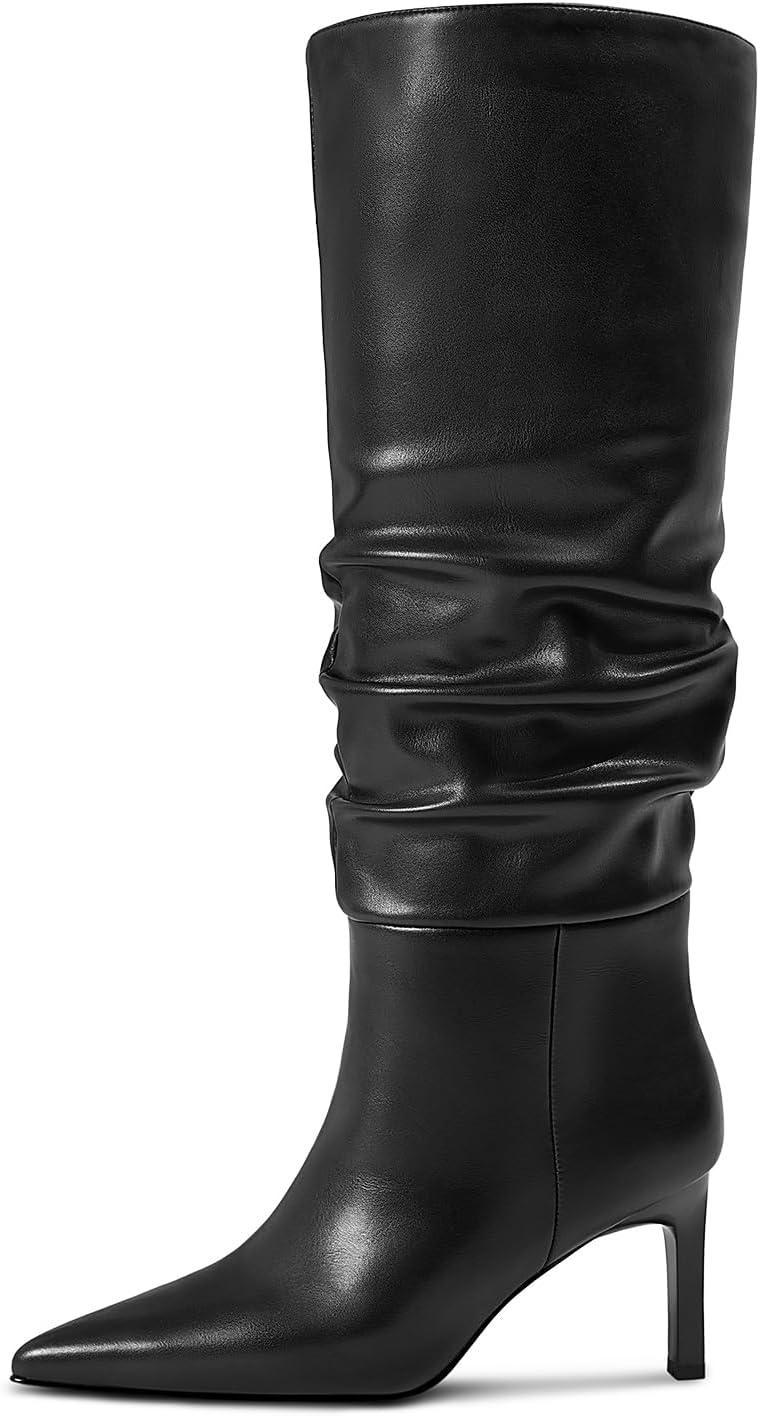 imagewetkiss Knee High Boots Women Chunky Heel Faux Crocodile Boots Pointed Toe Tall PullOn Fall Long BootBlackslouchy