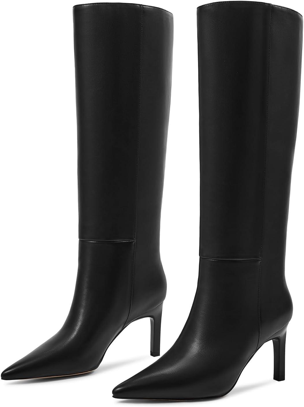 imagewetkiss Knee High Boots Women Chunky Heel Faux Crocodile Boots Pointed Toe Tall PullOn Fall Long BootBlackstiletto