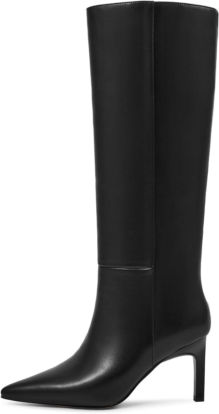 imagewetkiss Knee High Boots Women Chunky Heel Faux Crocodile Boots Pointed Toe Tall PullOn Fall Long BootBlackstiletto