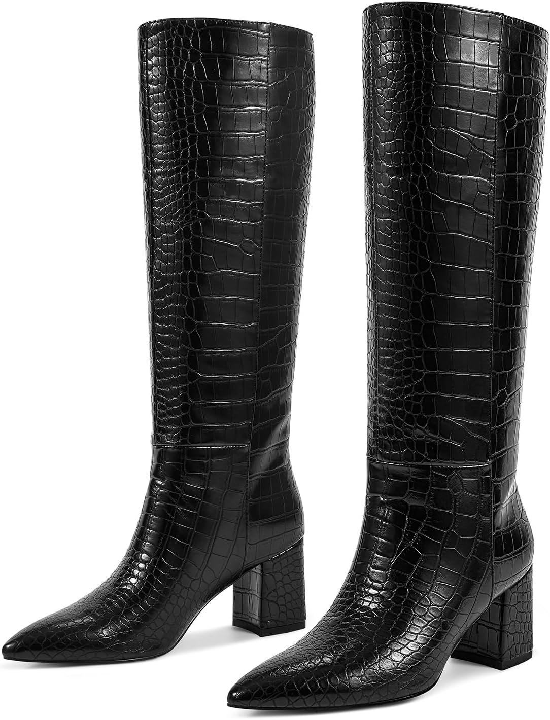 imagewetkiss Knee High Boots Women Chunky Heel Faux Crocodile Boots Pointed Toe Tall PullOn Fall Long BootCrocodile Black