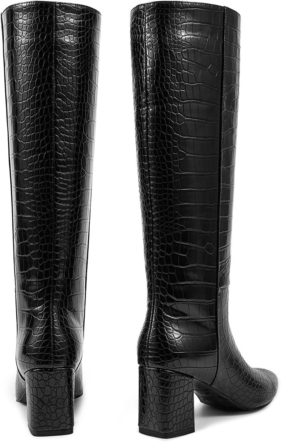 imagewetkiss Knee High Boots Women Chunky Heel Faux Crocodile Boots Pointed Toe Tall PullOn Fall Long BootCrocodile Black