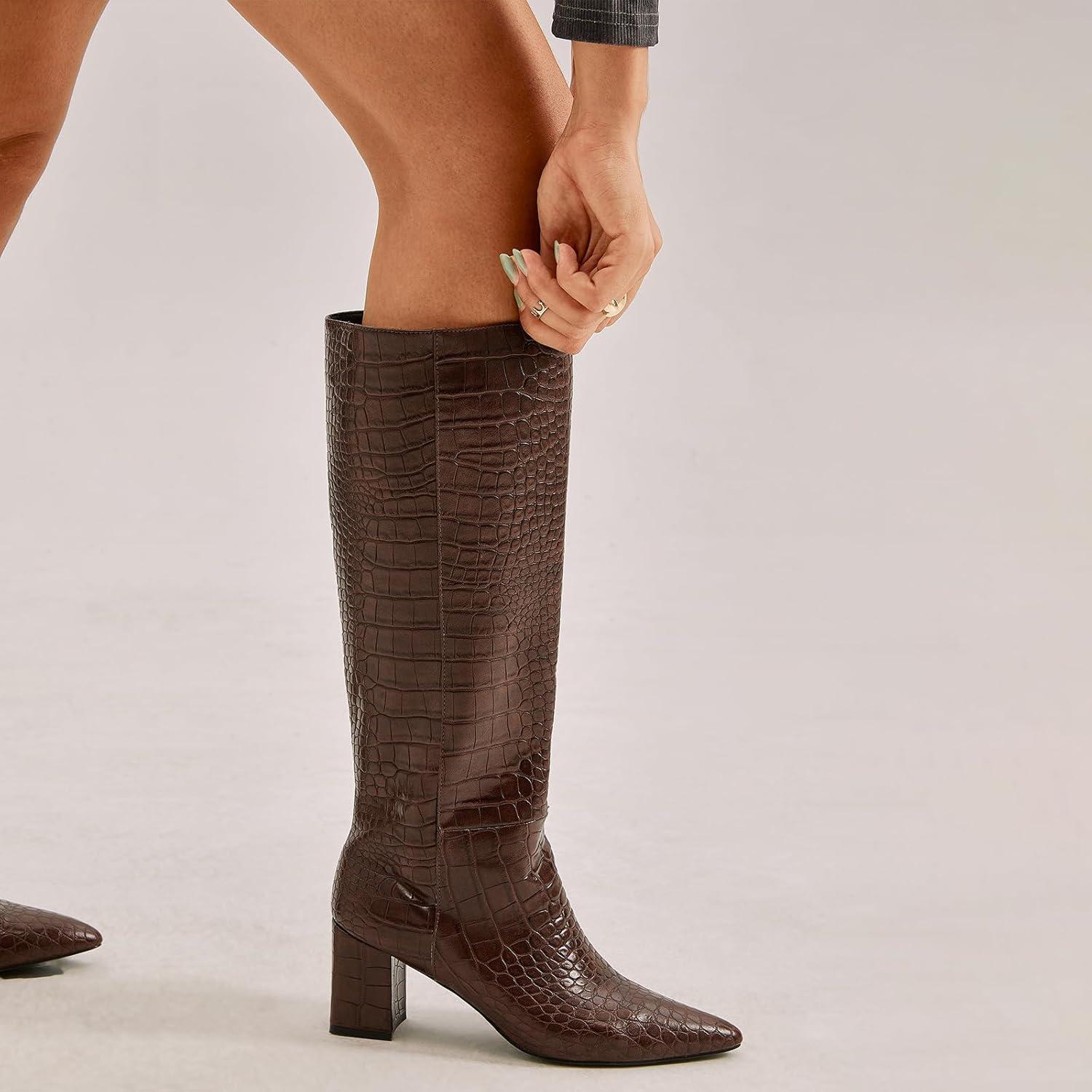 imagewetkiss Knee High Boots Women Chunky Heel Faux Crocodile Boots Pointed Toe Tall PullOn Fall Long BootCrocodile Brown