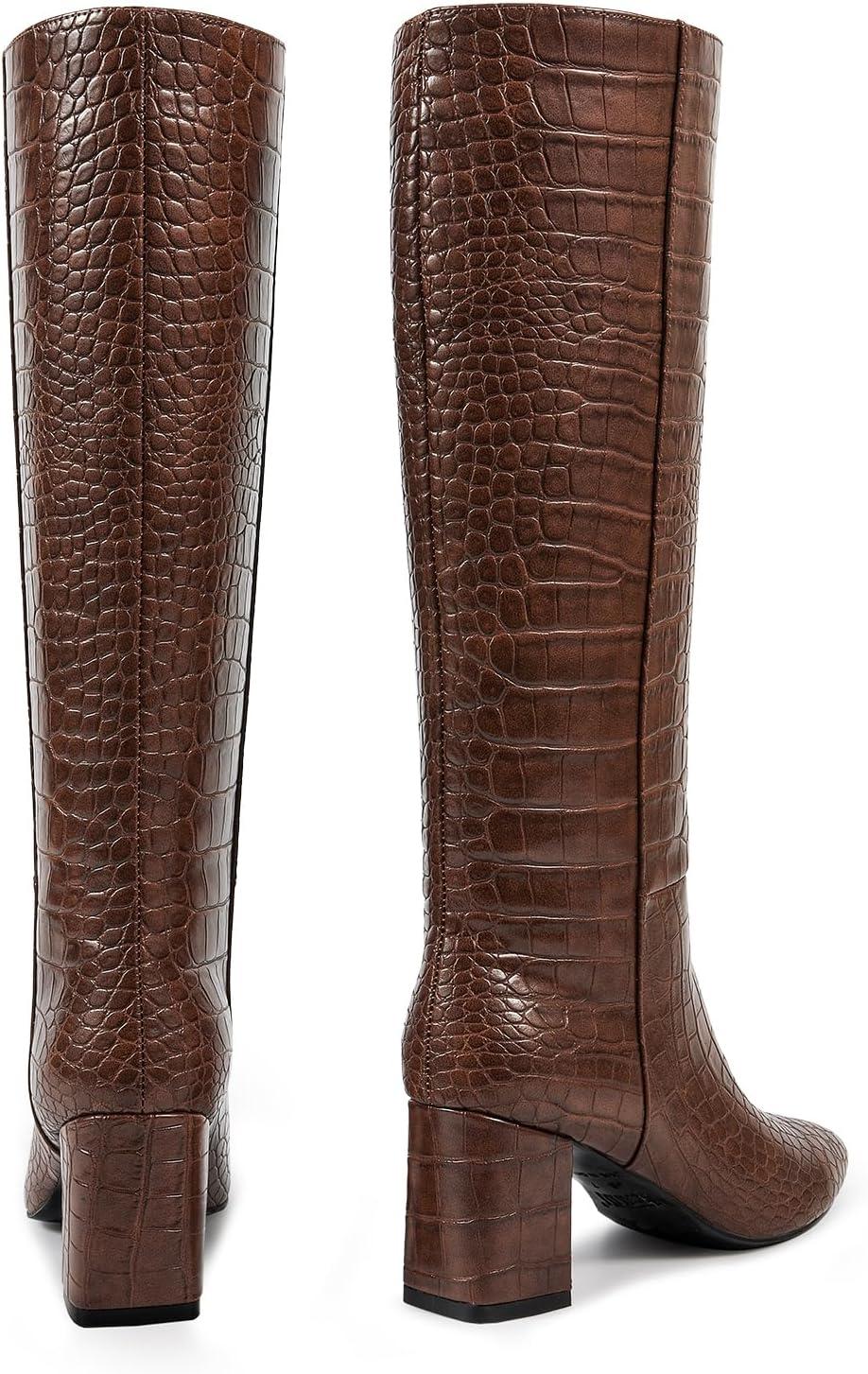 imagewetkiss Knee High Boots Women Chunky Heel Faux Crocodile Boots Pointed Toe Tall PullOn Fall Long BootCrocodile Brown