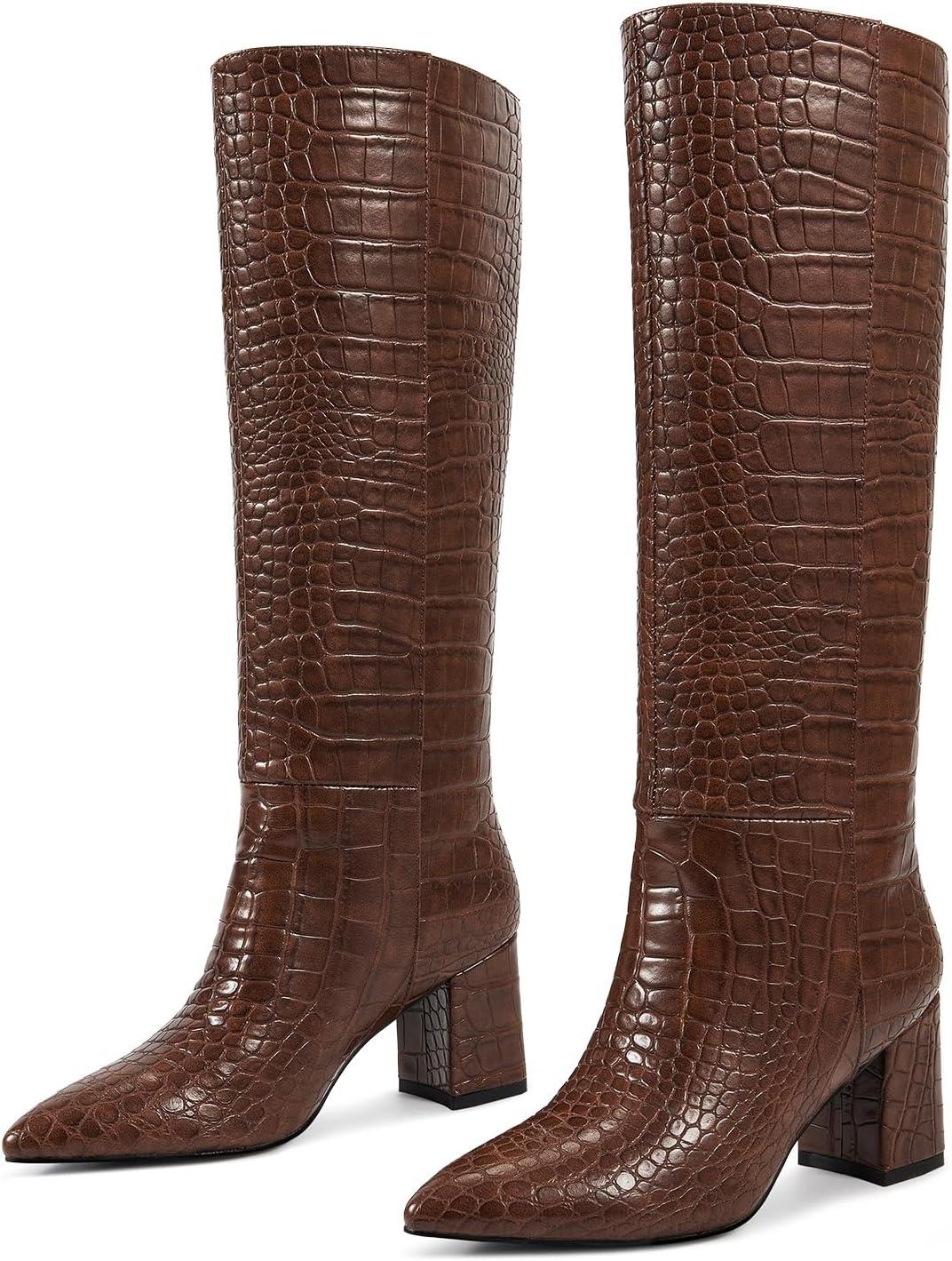 imagewetkiss Knee High Boots Women Chunky Heel Faux Crocodile Boots Pointed Toe Tall PullOn Fall Long BootCrocodile Brown