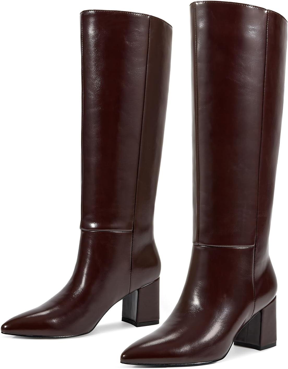 imagewetkiss Knee High Boots Women Chunky Heel Faux Crocodile Boots Pointed Toe Tall PullOn Fall Long BootDark Burgundy