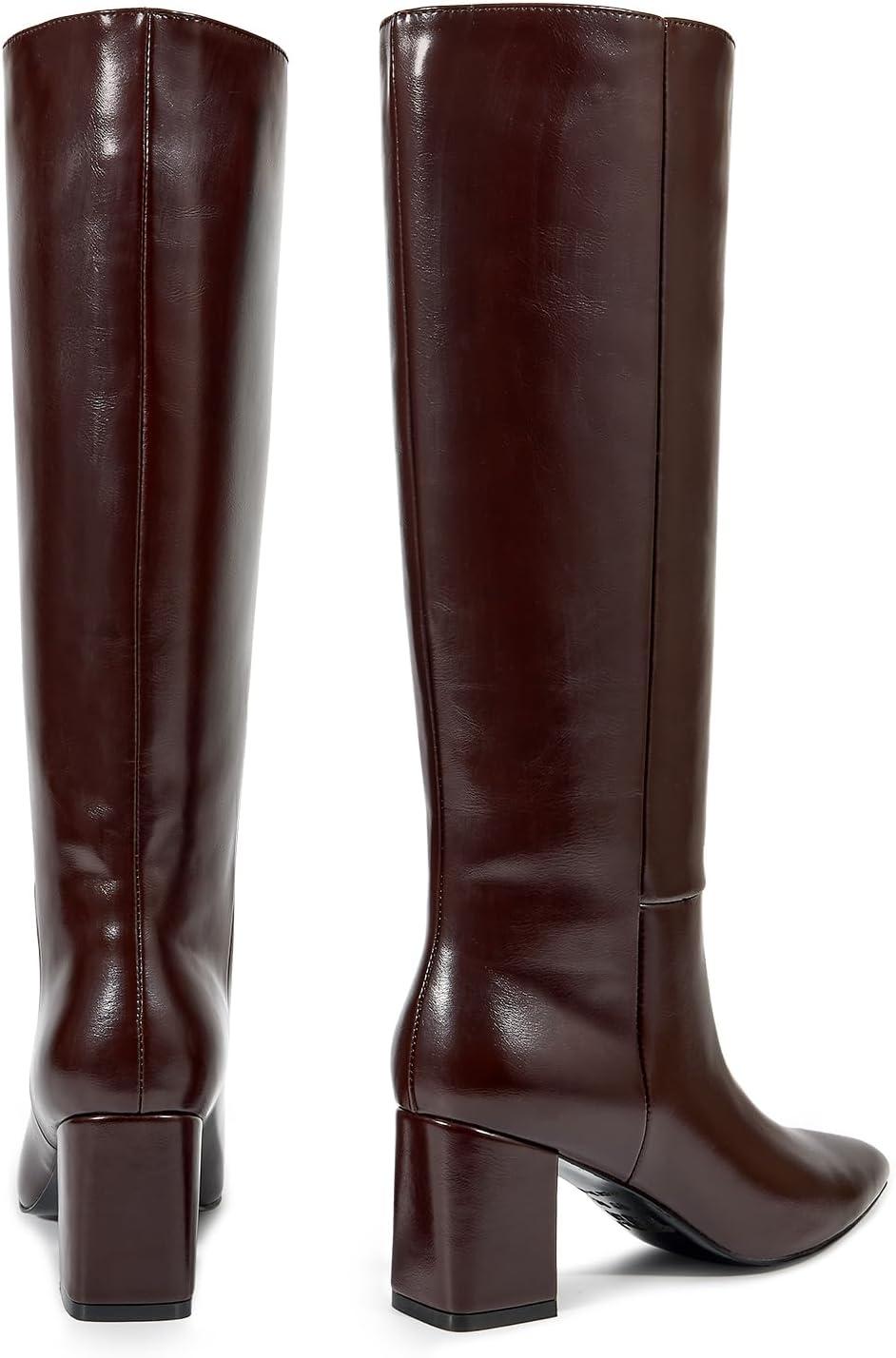 imagewetkiss Knee High Boots Women Chunky Heel Faux Crocodile Boots Pointed Toe Tall PullOn Fall Long BootDark Burgundy