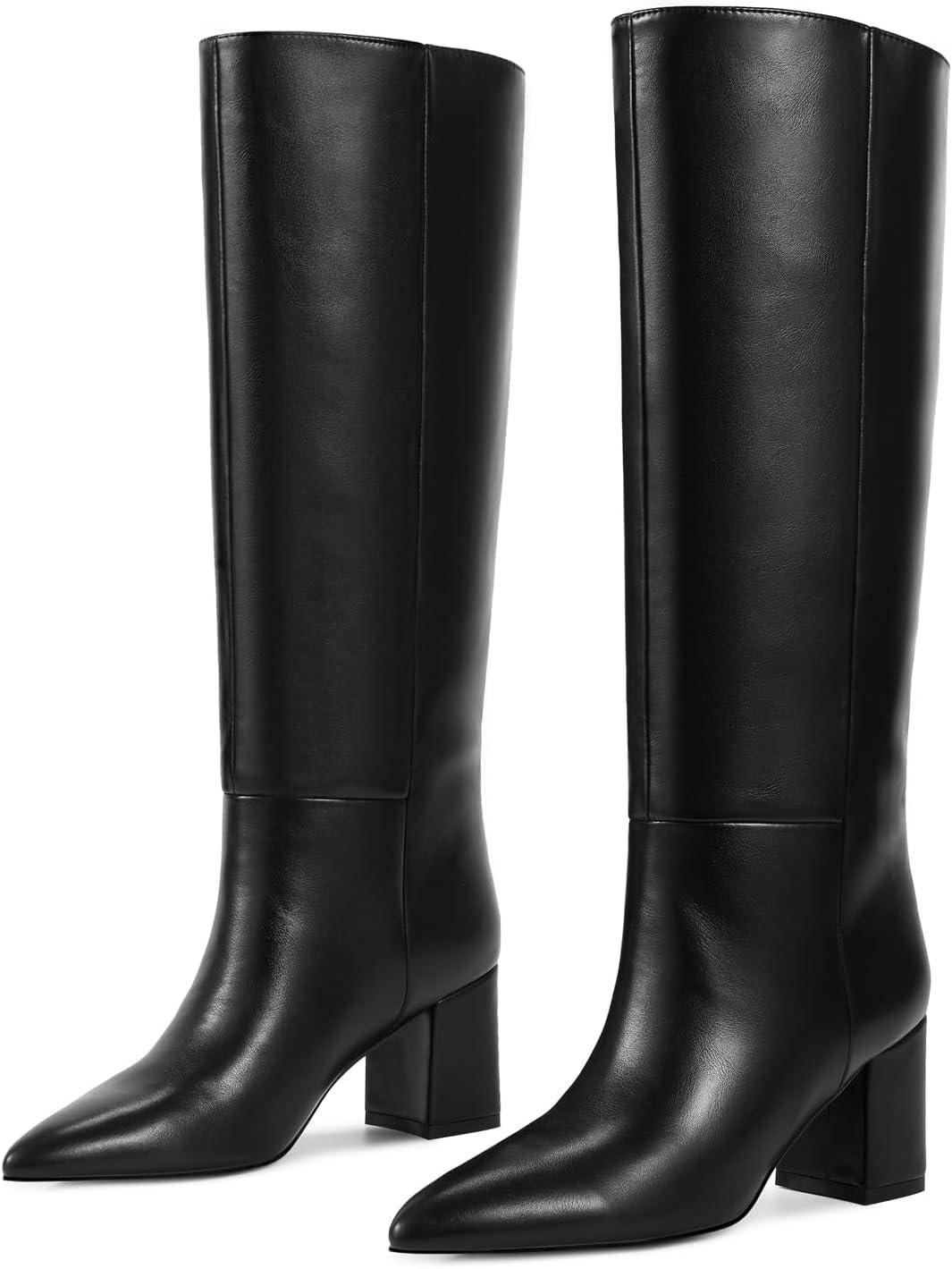 imagewetkiss Knee High Boots Women Chunky Heel Faux Crocodile Boots Pointed Toe Tall PullOn Fall Long BootMatte Black