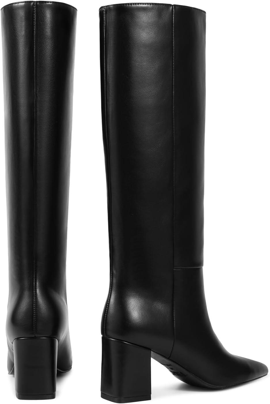 imagewetkiss Knee High Boots Women Chunky Heel Faux Crocodile Boots Pointed Toe Tall PullOn Fall Long BootMatte Black