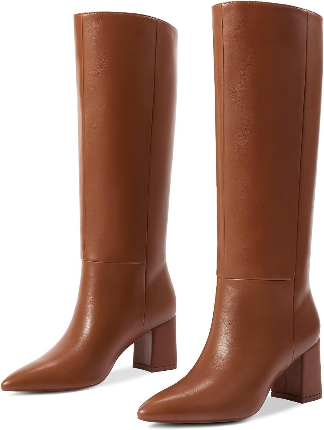 imagewetkiss Knee High Boots Women Chunky Heel Faux Crocodile Boots Pointed Toe Tall PullOn Fall Long BootMatte Brown