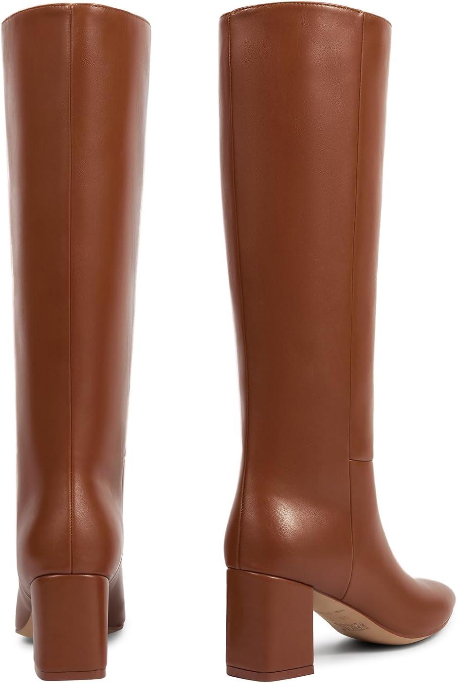 imagewetkiss Knee High Boots Women Chunky Heel Faux Crocodile Boots Pointed Toe Tall PullOn Fall Long BootMatte Brown