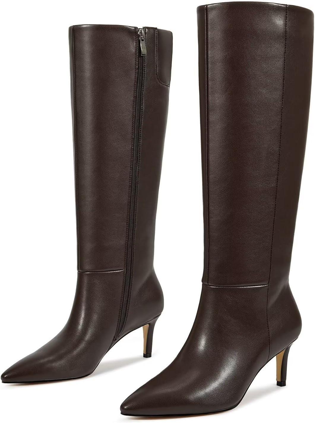 imagewetkiss Knee High Boots for Women with Kitten Heel and Pointed Toe Design Classic and SexyEchocolate Brownzipper