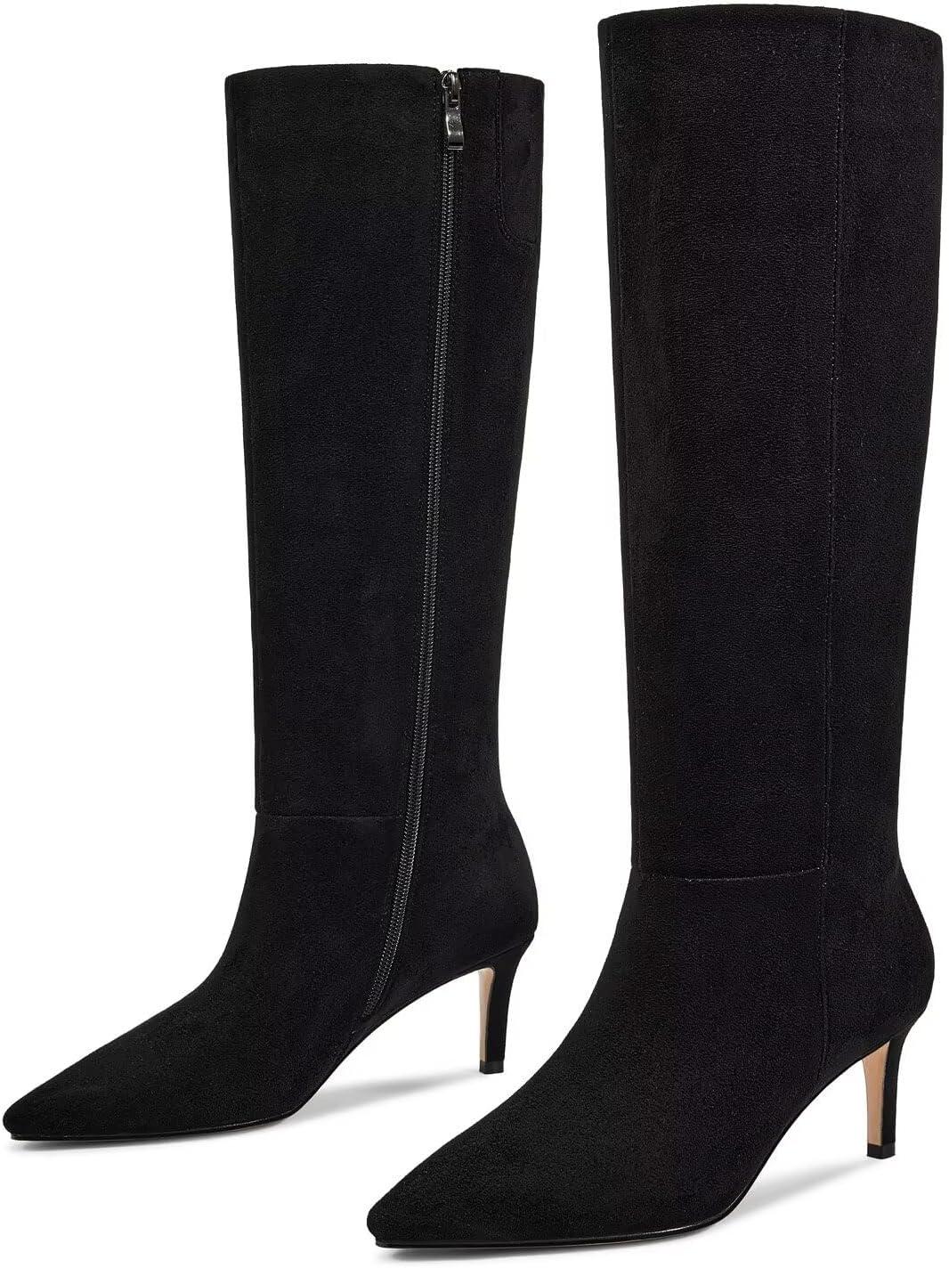 imagewetkiss Knee High Boots for Women with Kitten Heel and Pointed Toe Design Classic and SexyFsuede Black zipper